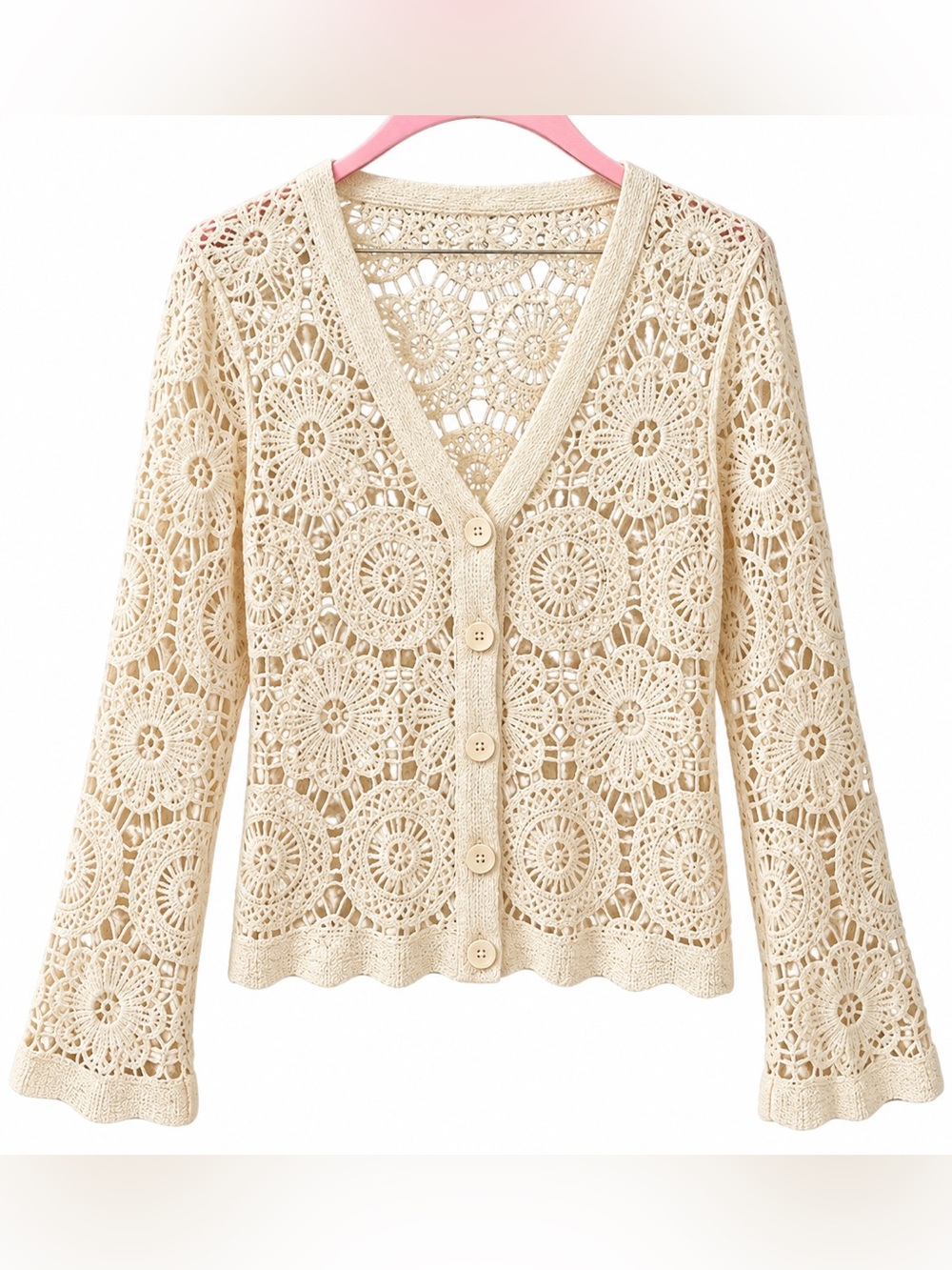 Ivory Crochet Lace Cardigan Women’s L/XL Floral Open Knit Bell Sleeve Boho